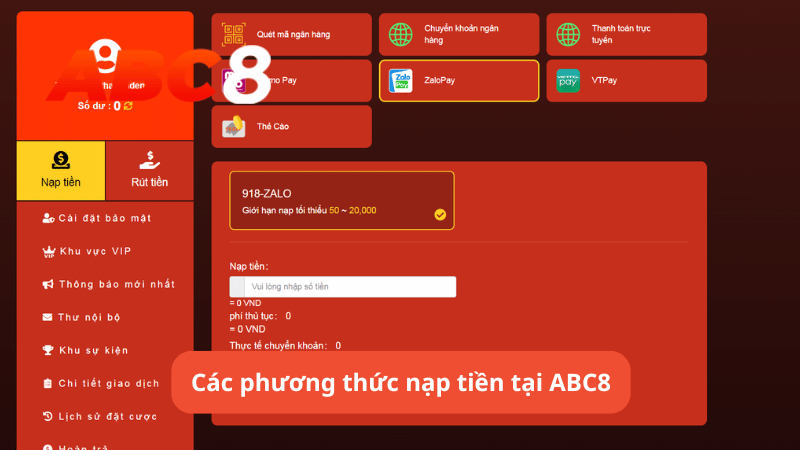 Các phương thức nạp tiền tại ABC8