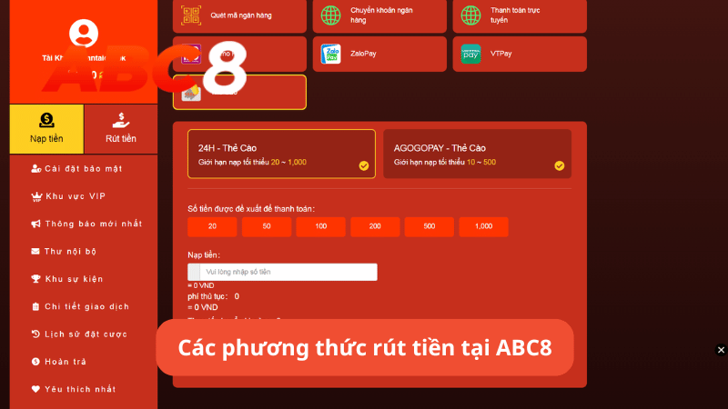 Các phương thức rút tiền tại ABC8