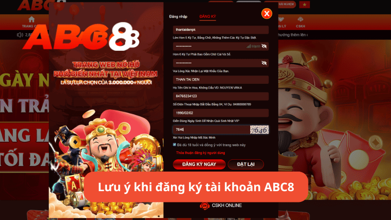 Lưu ý khi đăng ký tài khoản ABC8