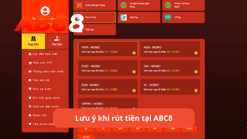 Lưu ý khi rút tiền tại ABC8